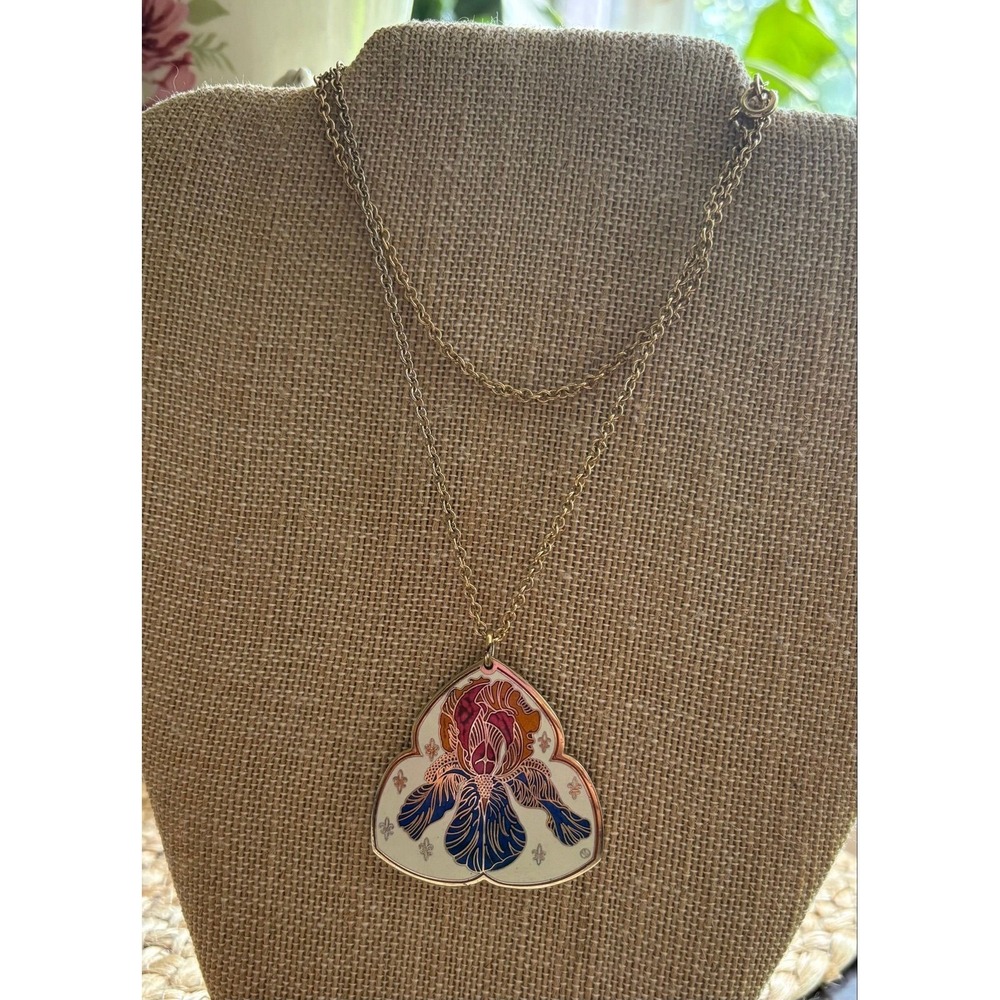Vintage Cloisart Enamel Iris Pendant Necklace Gold Tone Fleur de Lis 1970s